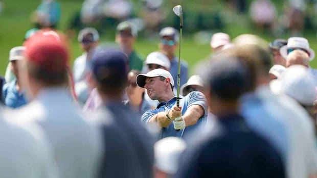 Rory McIlroy hits a shot during practice for the 2023 Masters.